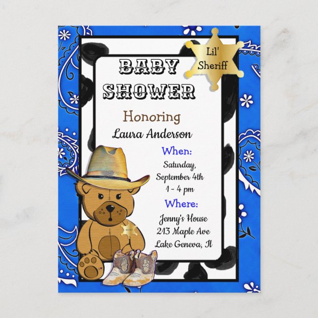 Lil Sheriff Teddy Bear Cowboy Invitation Baby show (Devant)
