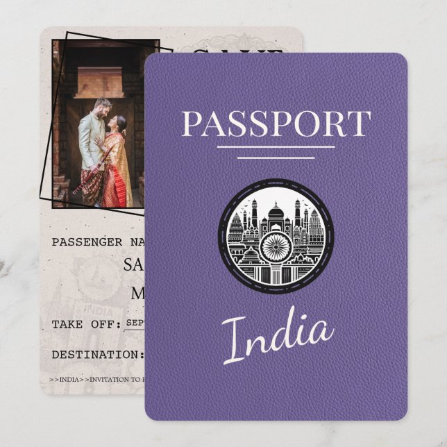 Lila Violet Inde Passeport Save The Date (Devant / Derrière)
