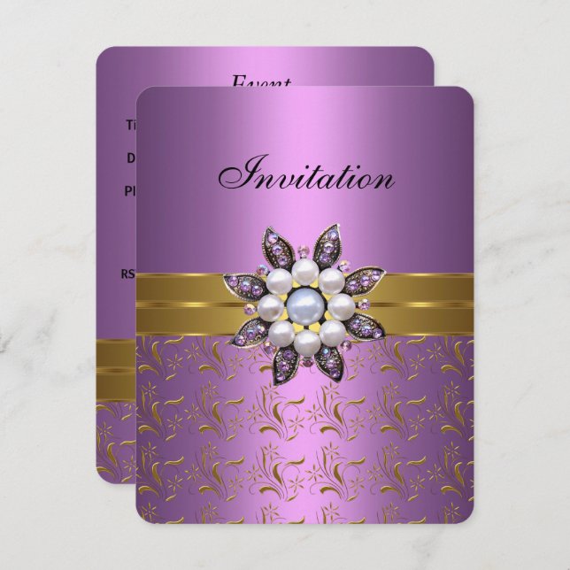 Lila Violet Or Invitation Jewel Fleur Élégant Clas (Devant / Derrière)