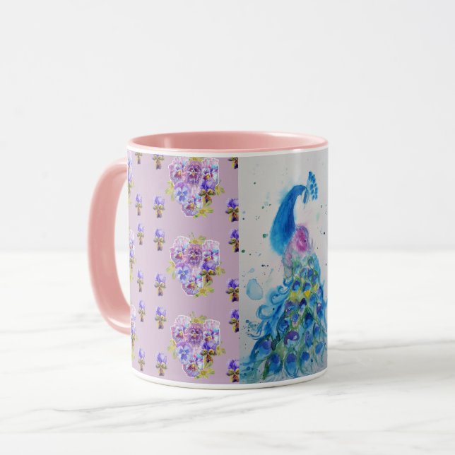 Lilac bleu Peacock mauve Aquarelle Peinture Mug (Devant gauche)