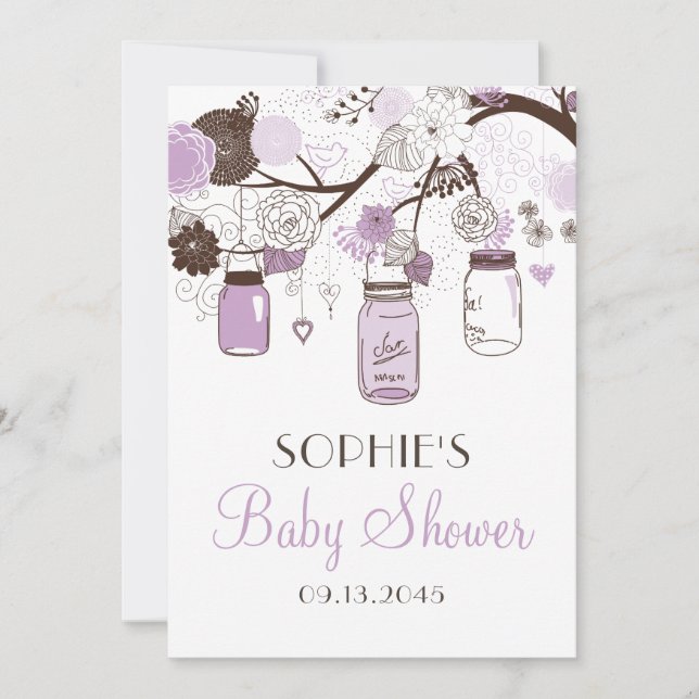 Lilac & Brown Mason Jars Bébé Douche Invitations (Devant)