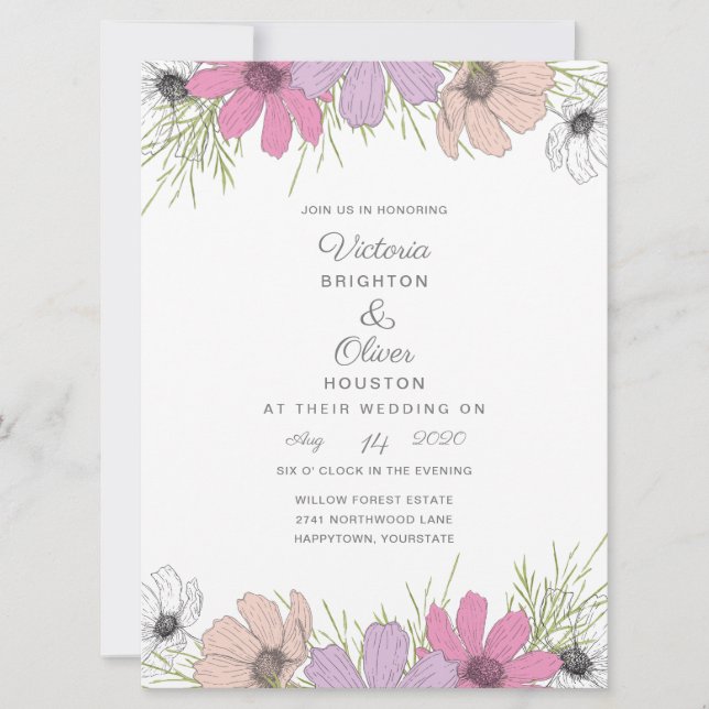 Lilac Cosmos Fleurs mariage invitations (Devant)