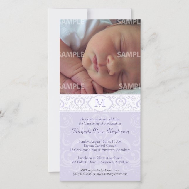 Lilac Damask Monogramme Baptême/Christening (Devant)