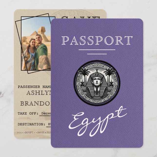 Lilac Egypt Passport Wedding Save the Date (Devant / Derrière)