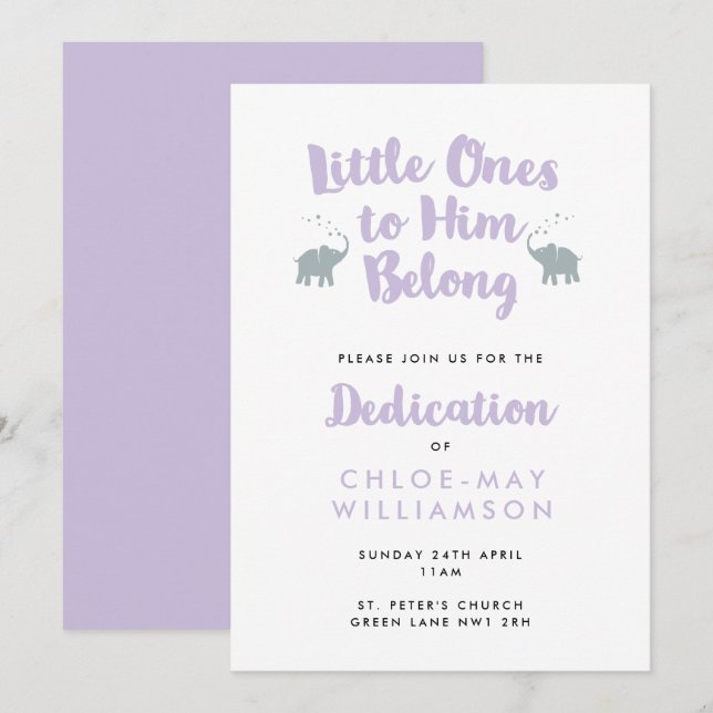 Lilac Elephants Christian Dedication Invitation (Devant / Derrière)