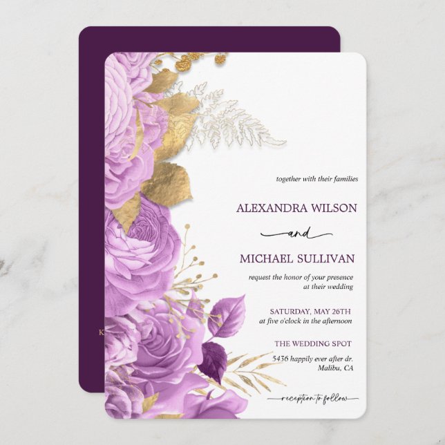 Lilac et or Floral Élégant mariage Invitation (Devant / Derrière)