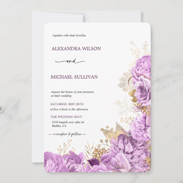 Lilac et or Floral Élégant mariage Invitation (Devant)