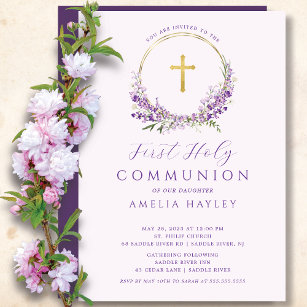Lilac Fleurs Filles Première Communion Invitation