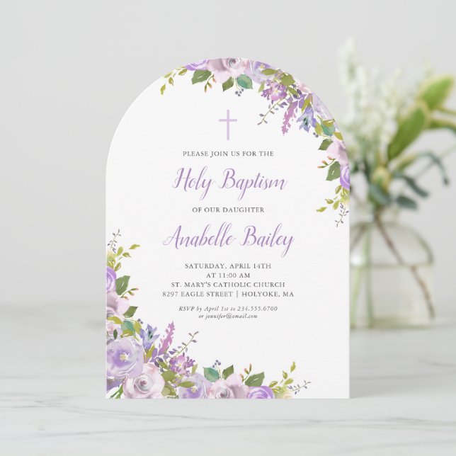 Lilac Floral Baby Girl Baptism Invitation (Debout devant)