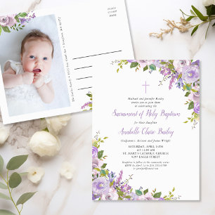 Lilac Floral Baby Girl Baptism Invitation Carte po