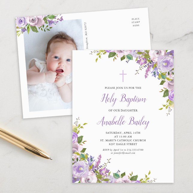 Lilac Floral Baby Girl Baptism Invitation Carte po (Créateur téléchargé)