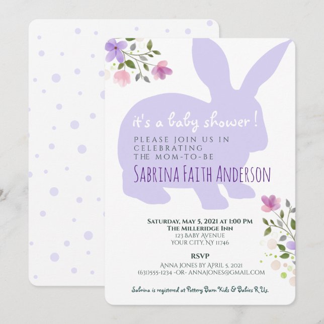 Lilac Floral Bunny Baby shower Invitation (Devant / Derrière)