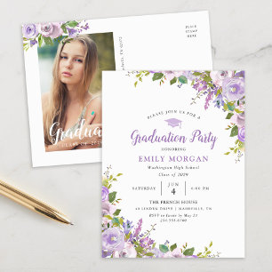 Lilac Floral Graduation Party Invitation Carte pos