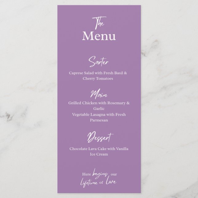 Lilac Lavender Wedding dinner Menu Card  (Devant)