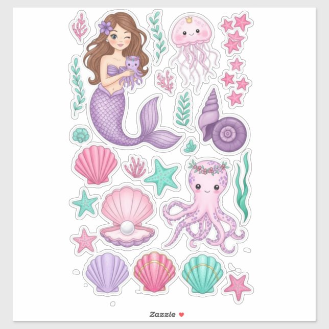 Lilac Mermaid & Cute Octopus Vinyl Sticker (Feuille)