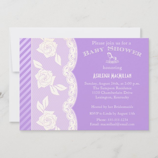 Lilac Purple, Ivory Floral Lace Invitation Baby sh (Devant)