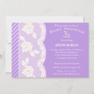 Lilac Purple, Ivory Floral Lace Invitation Baby sh