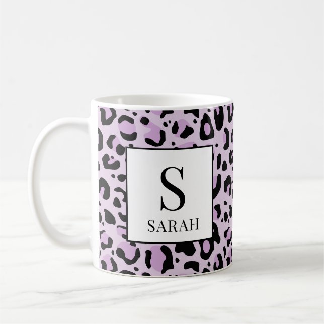 Lilac Purple Leopard Print Custom Name Mug (Gauche)