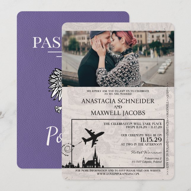 Lilac Purple Pologne Passeport Faire-part de maria (Devant / Derrière)