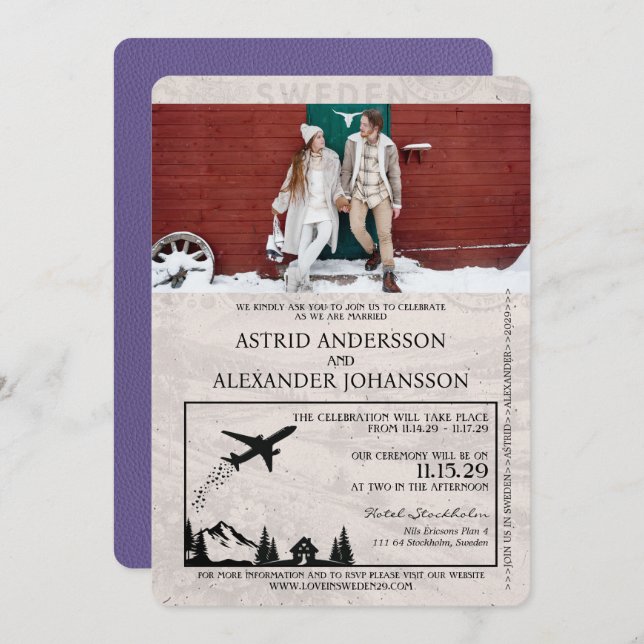 Lilac Purple Suède Faire-part de mariage de passep (Devant / Derrière)