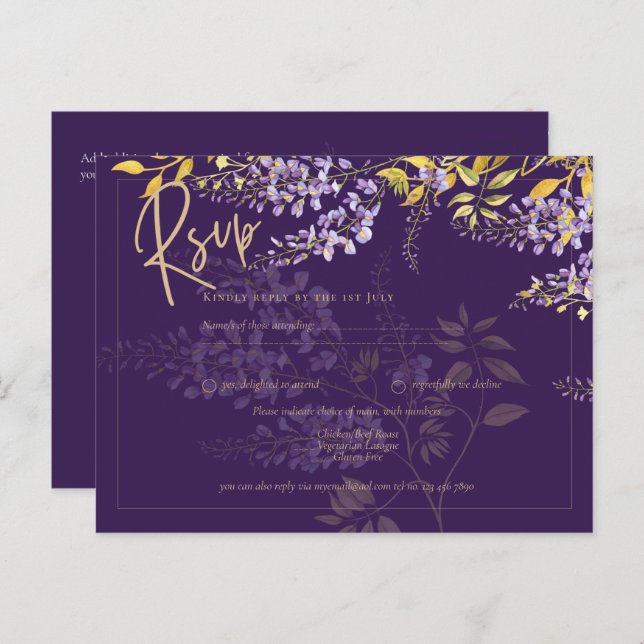 Lilac Purple Wisteria Gold Wedding Invitation RSVP (Devant / Derrière)