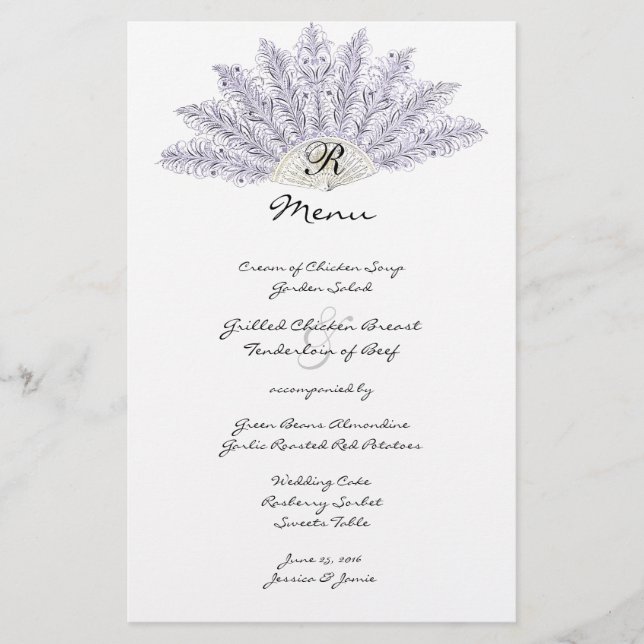 Lilac Vintage Feather Fan Mariage Menu (Devant)