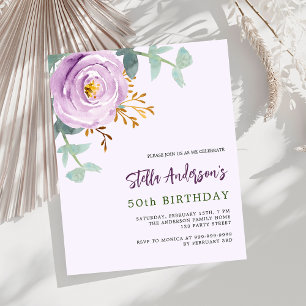 Lilac violet rose budget anniversaire invitation