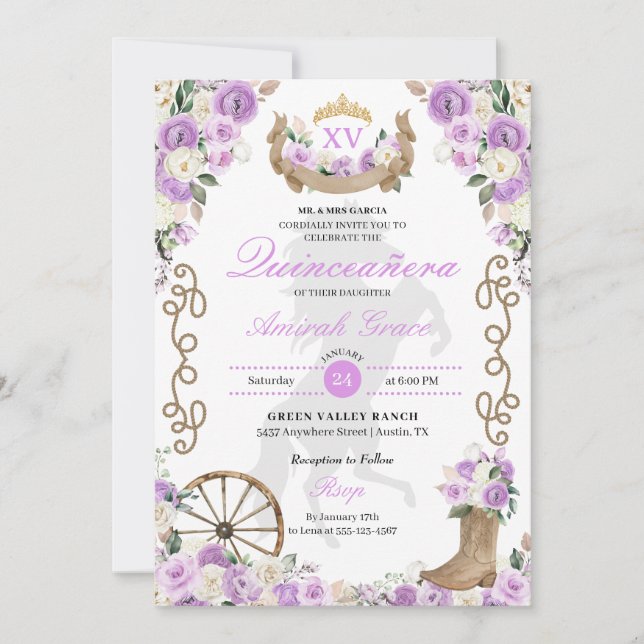 Lilac Western Cowgirl Quinceañera Invitation (Devant)