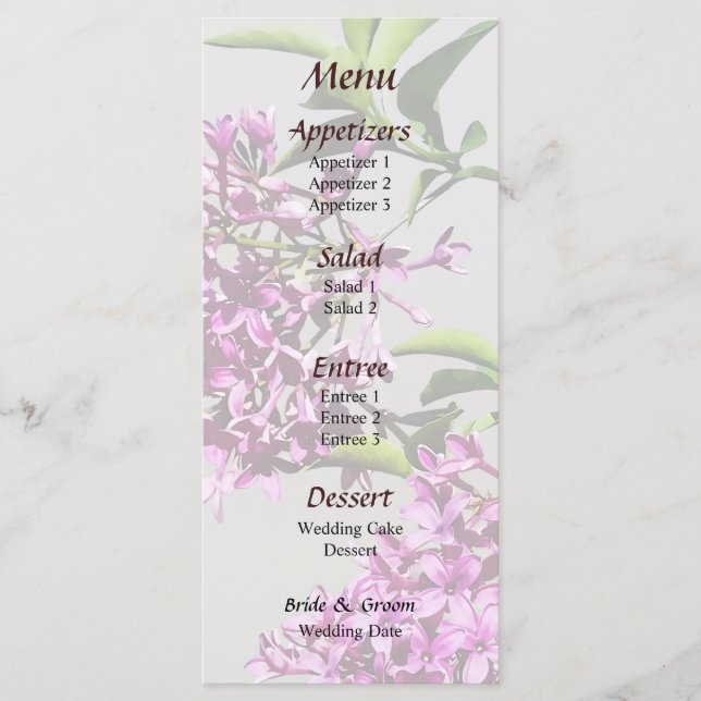 Lilacs roses et menu Mariage Feuille (Devant)