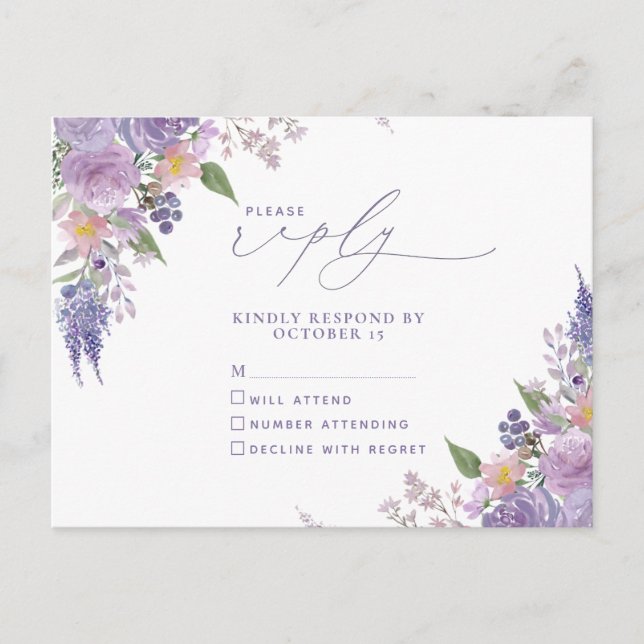 Lilas Lavande Floral Moderne Pas de Menu RSVP (Devant)