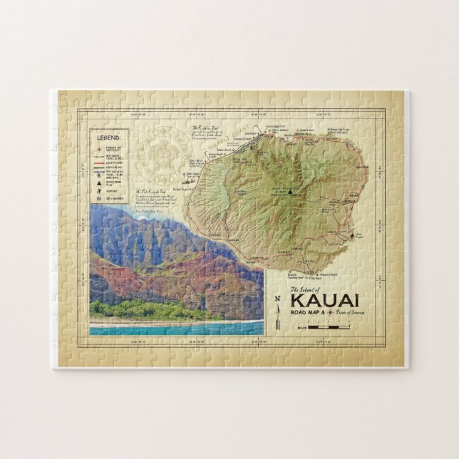 L'île de la carte de puzzle de Kauai [cru inspiré] (Horizontal)