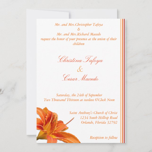 Lilly de tigre orange Faire-part de mariage 5 x 7  (Devant)