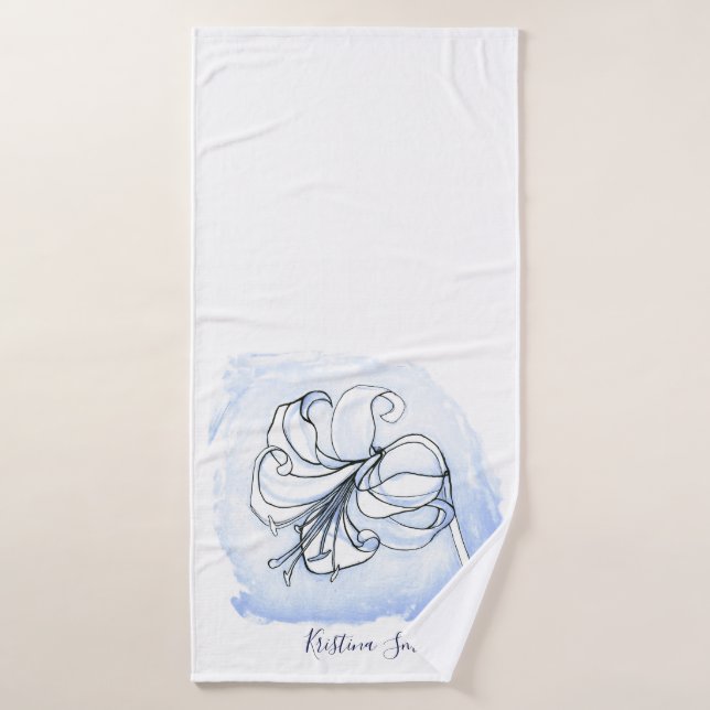 Lily Art Blanc et bleu modèle floral élégant (Serviette de bain)