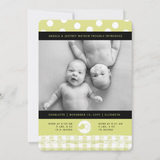 Lime Baby Birds Lace Twin Girls Faire-part de nais