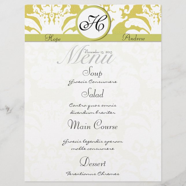 Lime et or Damask Monogramme Mariage Menu (Devant)