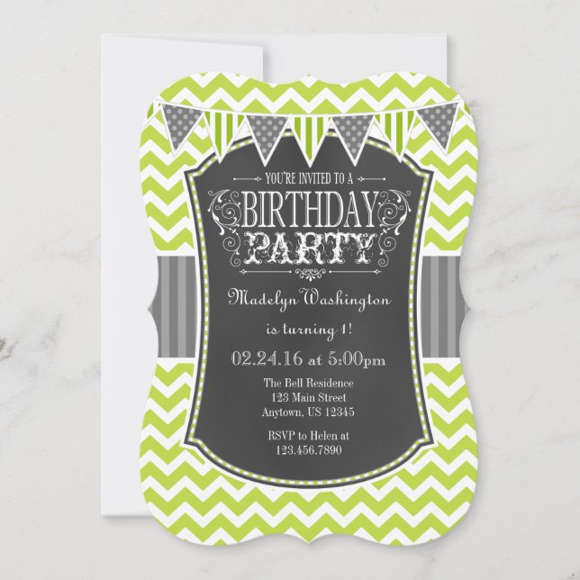 Lime Green Chalkboard Chevron Invitation d'anniver (Devant)