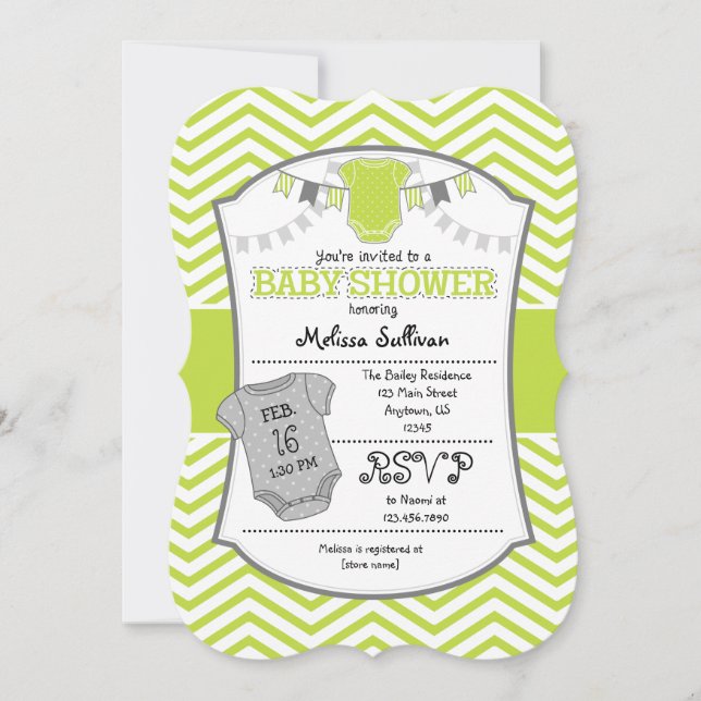 Lime Green Grey Chevron Baby shower Invitation (Devant)