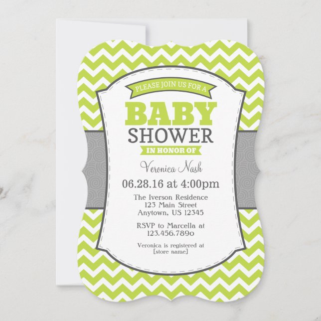 Lime Green Grey Chevron Baby shower Invitation (Devant)