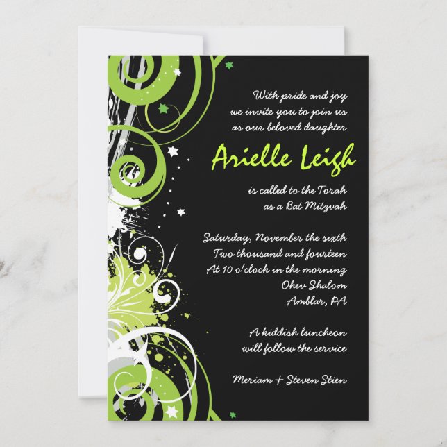 LIME GREEN SWIRLS & STARS Bat mitzvah Invitation (Devant)