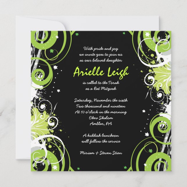 LIME GREEN SWIRLS & STARS Bat mitzvah Invitation (Devant)