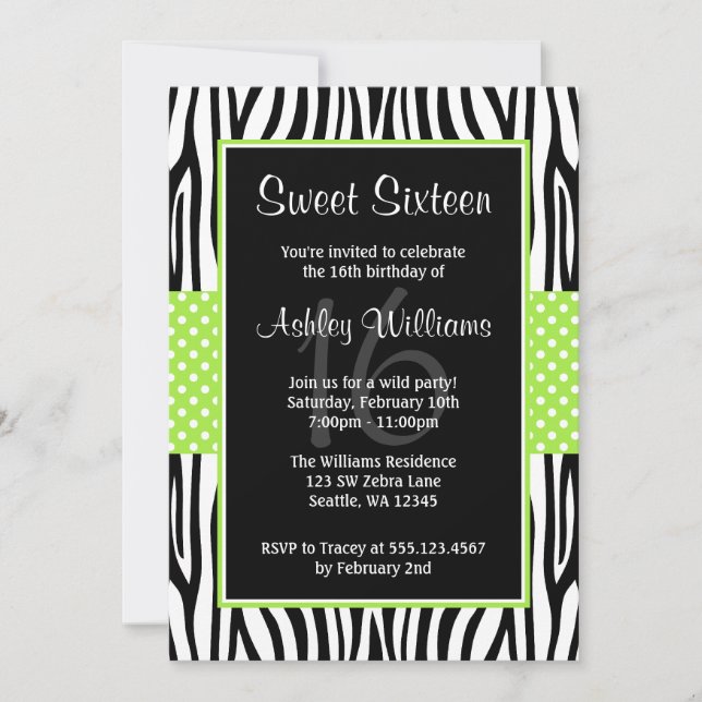 Lime Green Zebra Polka Dot Sweet 16 Invitations (Devant)