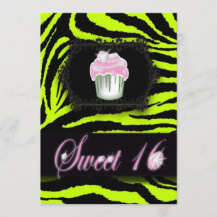 Lime Green Zebra Print Sweet 16 Party Invitation