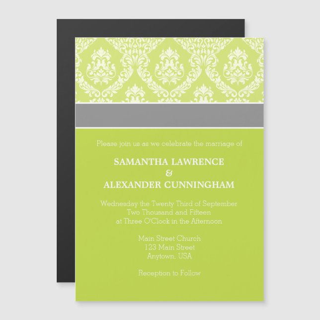 Lime vert Damas Faire-part de mariage magnétique (Devant / Derrière)