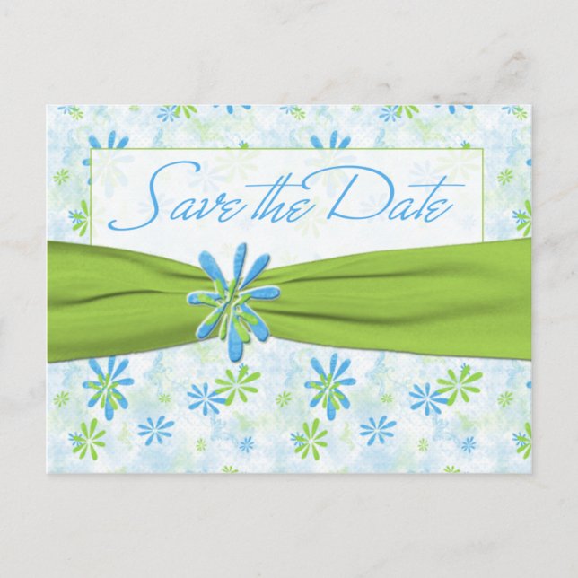 Lime Vert et Flore Bleue Enregistrer la date Carte (Devant)
