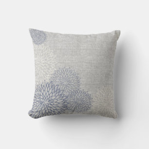Lin bleu et gris Coussin décorateur floral