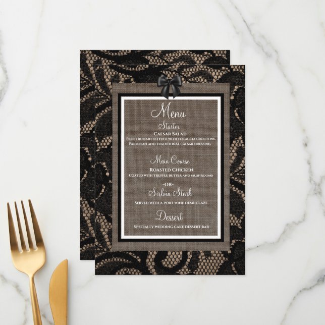 Lin et dentelle noir, blanc burlap Lénine menu (Devant/Arrière en situation)