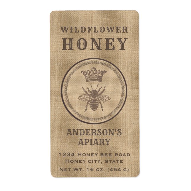 lin vintage rustique queen bee miel pot étiquette (Devant)