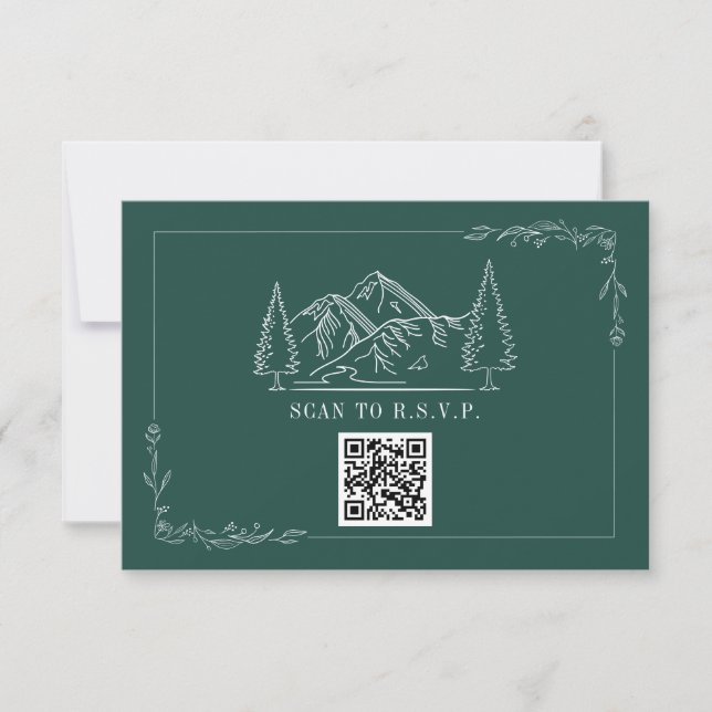 Line Art Mountains Emerald QR Code Wedding RSVP (Devant)