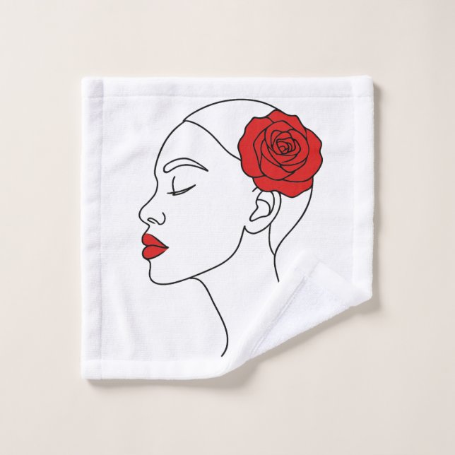 Line Art Portrait d'une femme avec Rose Rouge (Gant de toilette)