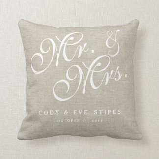 Linen beige Initiales M. et Mme Mariage Coussin